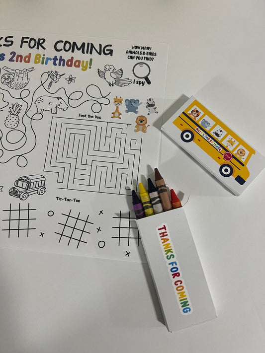 School Bus Personalized Crayon Box, Wheels on the Bus Crayon Favor, Back to School Personalized Crayon Box, Animals School Bus, Place Mat